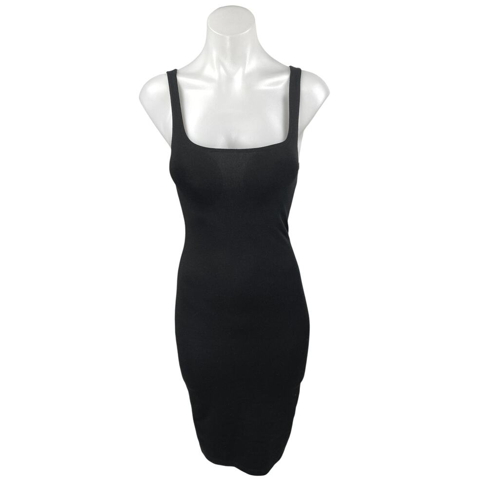 Zara Black Sleeveless Square Neck Back Slit Stretch Tank Midi Bodycon Dress Sz S